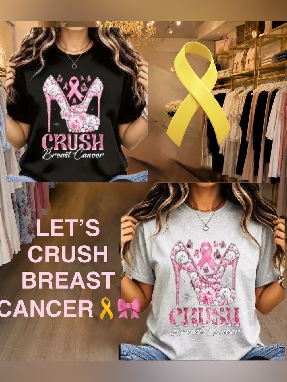 Crush Breast Cancer Pink Ribbon Graphic Tee - Women's Black or Heather Grey Top